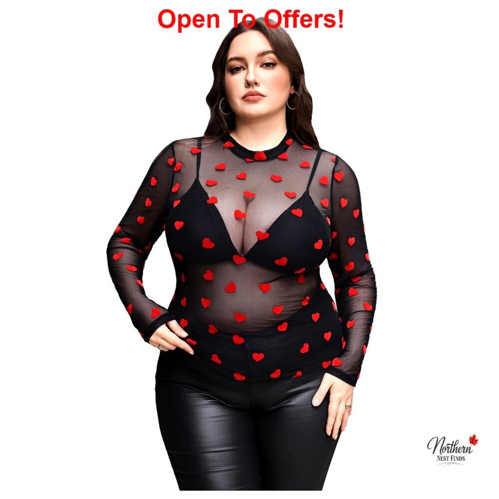 Plus Size Mesh Top Sheer Long Sleeve Blouse Floral Print Pull On